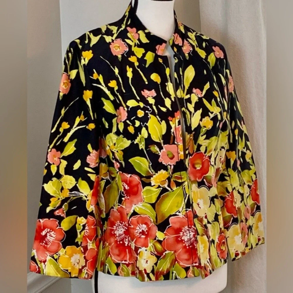 Erin London Petite Medium Floral Open Front Jacket Fitted Black Pink Yellow